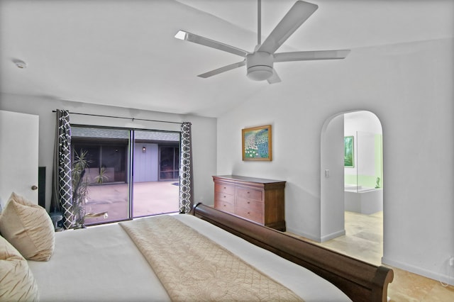 bedroom featuring access to exterior, ceiling fan, and lofted ceiling