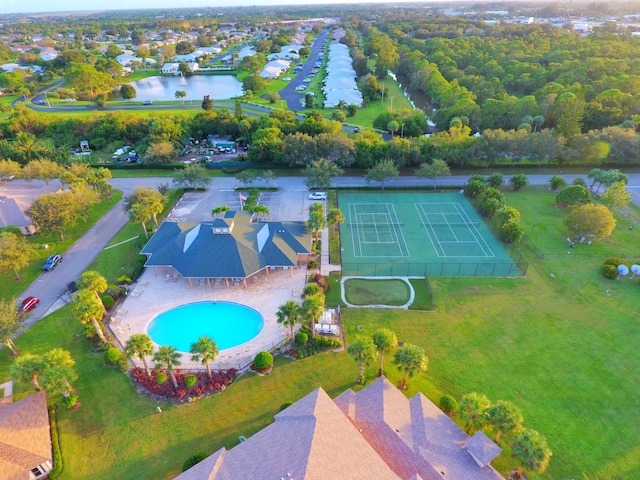 drone / aerial view with a water view