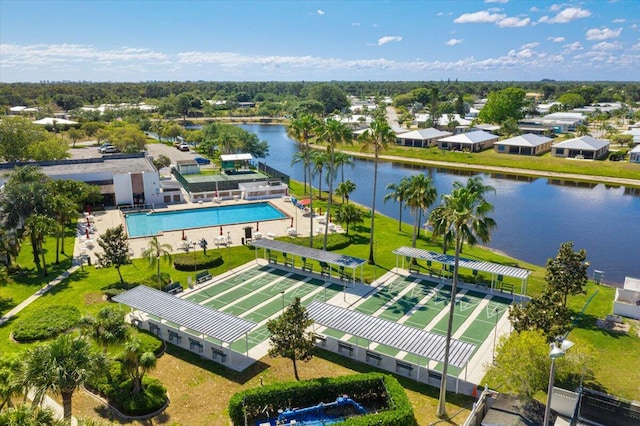 aerial view featuring a water view