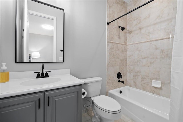 full bathroom featuring tile patterned flooring, vanity, toilet, and shower / bathtub combination with curtain