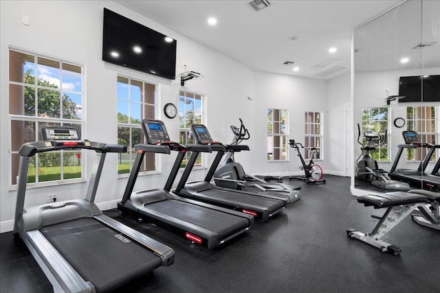 workout area featuring a towering ceiling