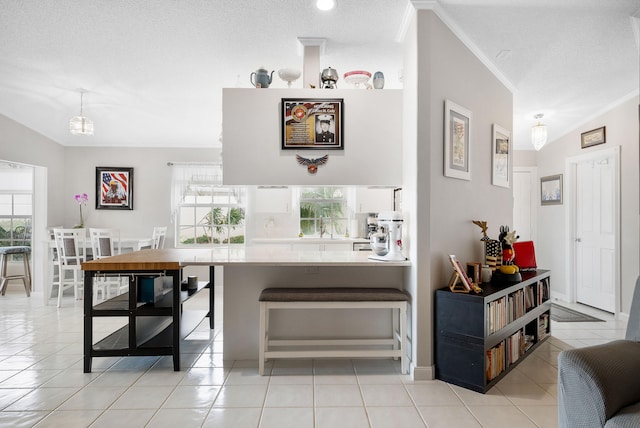 interior space with a textured ceiling, light tile patterned floors, crown molding, and plenty of natural light