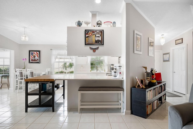 7770 SE Spicewood Cir, Hobe Sound, FL 33455 - bar area with ornamental molding, healthy amount of natural light, light tile patterned floors, and decorative light fixtures