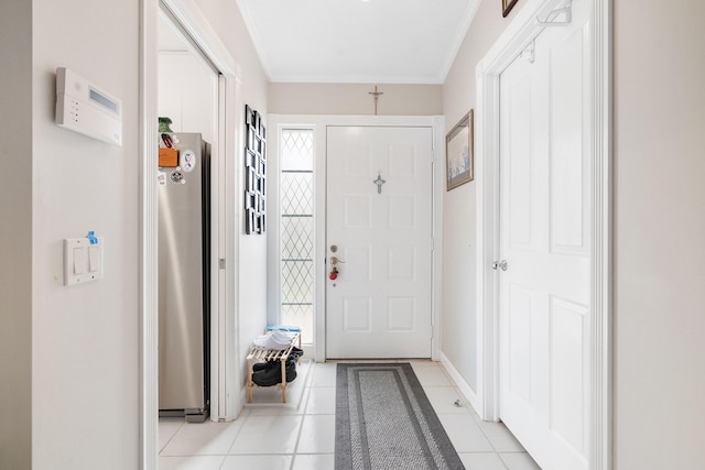 doorway to outside featuring light tile patterned floors and crown molding