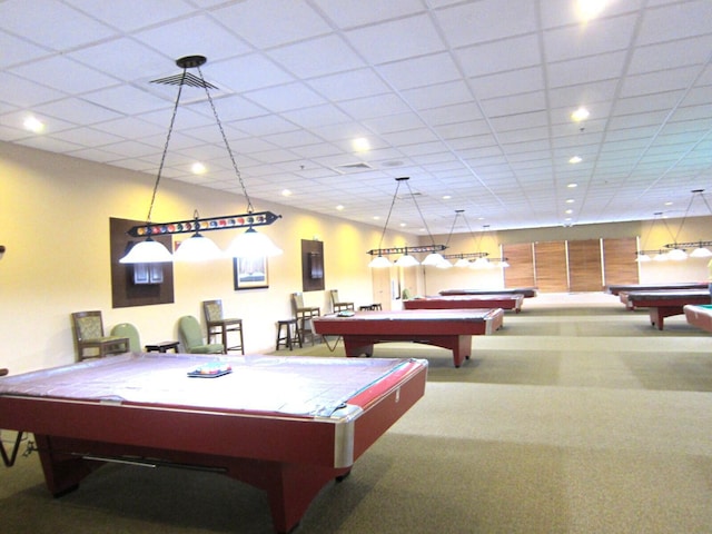 playroom featuring pool table and light colored carpet