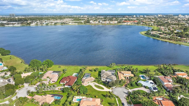 bird's eye view with a water view