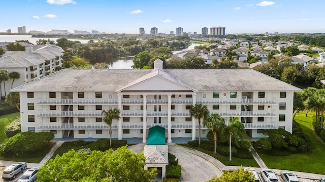 drone / aerial view featuring a water view