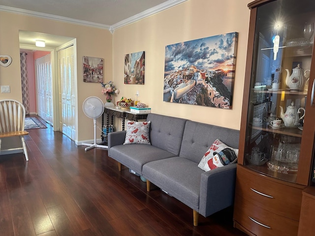 living room featuring crown molding and hardwood / wood-style floors