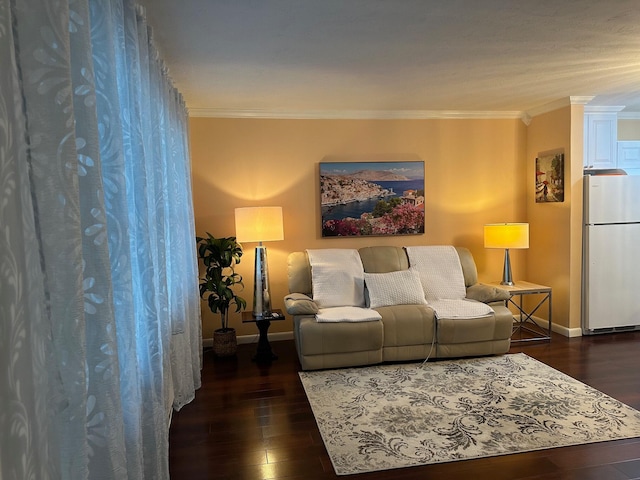 living room featuring dark wood-type flooring and ornamental molding