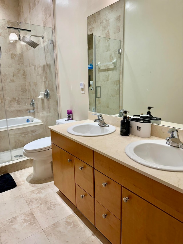 full bathroom with tile patterned flooring, vanity, toilet, and plus walk in shower