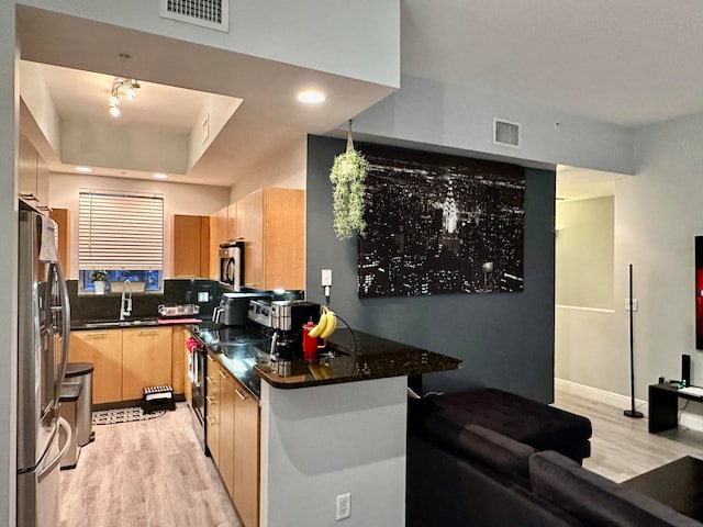 kitchen with appliances with stainless steel finishes, dark stone counters, a raised ceiling, sink, and light hardwood / wood-style floors