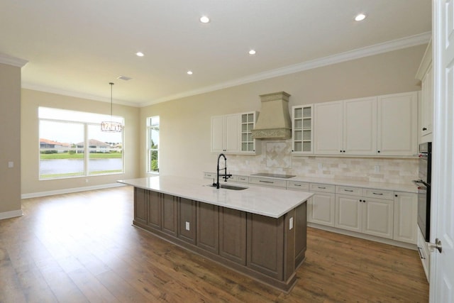 kitchen with sink, dark wood-type flooring, premium range hood, a center island with sink, and a water view