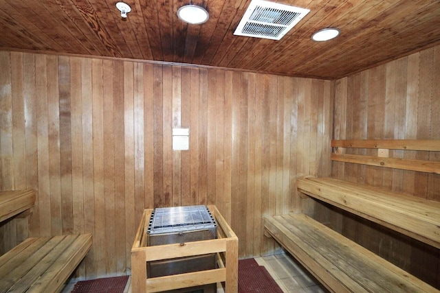 view of sauna featuring wooden walls and wooden ceiling