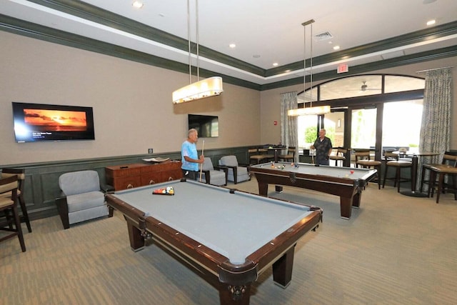 playroom featuring carpet floors, ornamental molding, billiards, and a tray ceiling