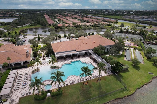 aerial view featuring a water view