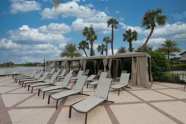 view of patio / terrace featuring a water view