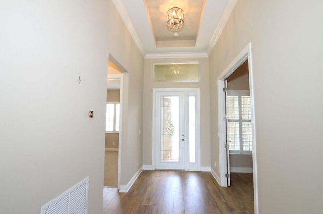 foyer with a tray ceiling, a wealth of natural light, crown molding, and dark wood-type flooring