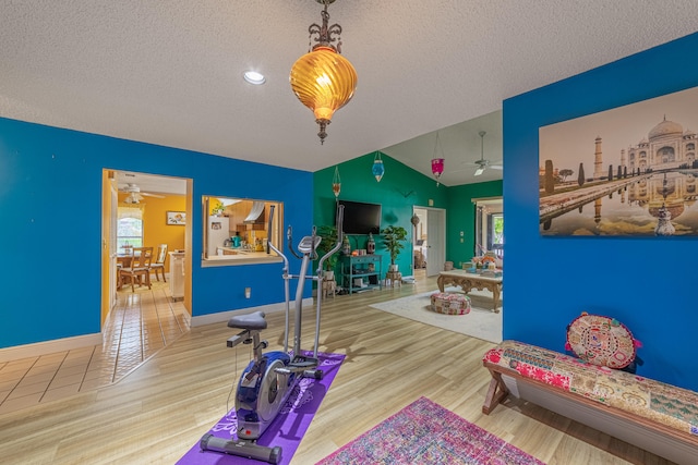 exercise room with lofted ceiling, a textured ceiling, baseboards, and wood finished floors