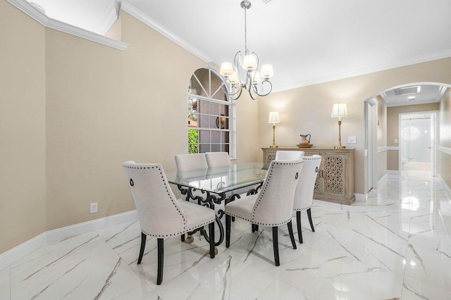 dining area featuring ornamental molding, a healthy amount of sunlight, and an inviting chandelier