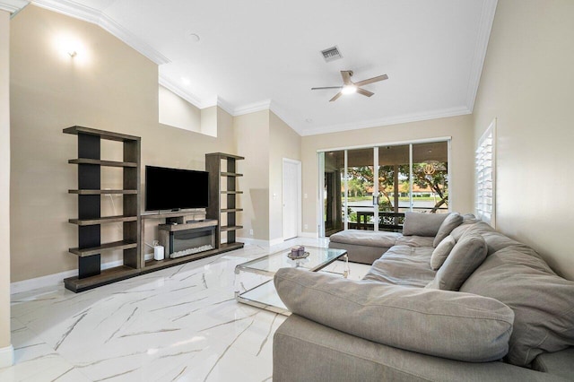 living room with vaulted ceiling, ceiling fan, and crown molding