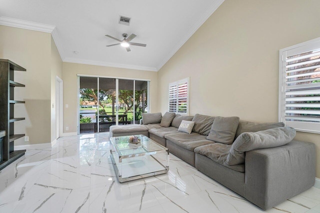 living room with high vaulted ceiling, ceiling fan, and crown molding