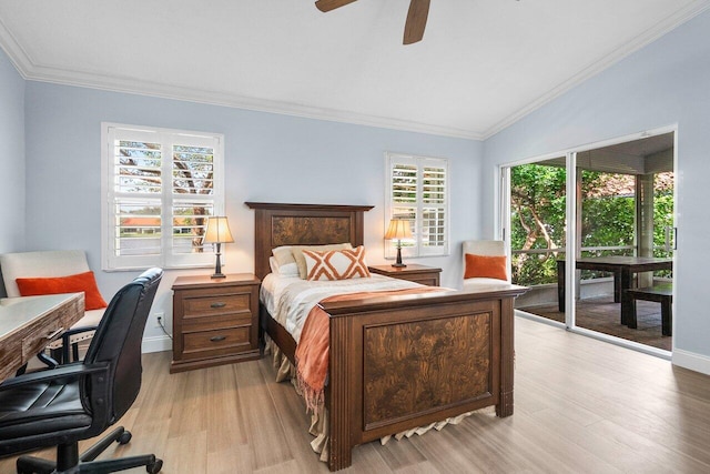 bedroom with access to exterior, light hardwood / wood-style flooring, ornamental molding, and ceiling fan