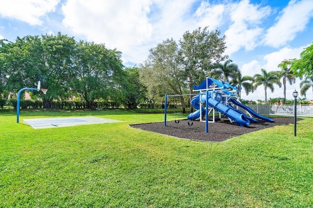 view of jungle gym with a yard