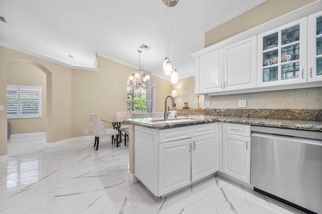 kitchen featuring stainless steel dishwasher, white cabinets, decorative light fixtures, and kitchen peninsula