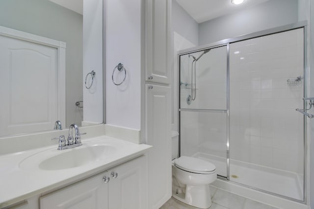 bathroom featuring tile patterned flooring, toilet, vanity, and walk in shower