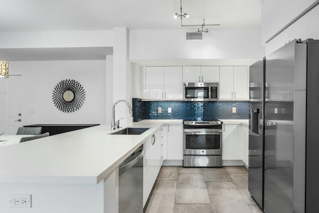 kitchen with appliances with stainless steel finishes, tasteful backsplash, sink, white cabinets, and kitchen peninsula