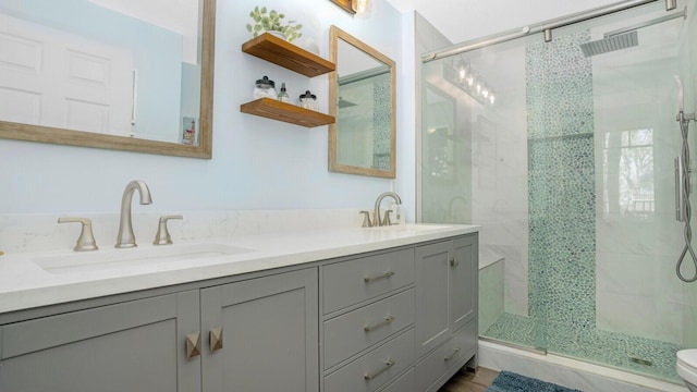 bathroom featuring vanity, a shower with shower door, and toilet