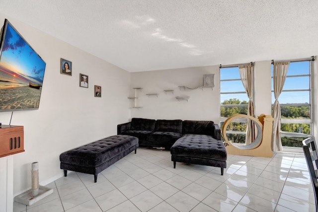 tiled living room with a textured ceiling