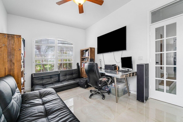 office featuring ceiling fan and light tile patterned floors