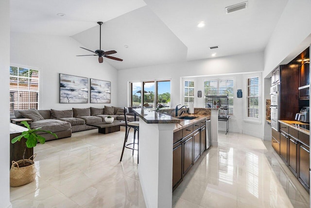 kitchen with stainless steel appliances, dark stone counters, dark brown cabinetry, sink, and an island with sink