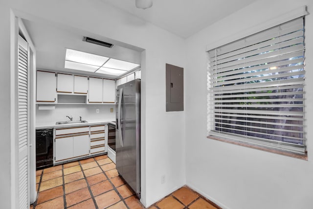 kitchen with stainless steel fridge, sink, dishwasher, white cabinets, and electric panel