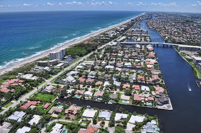 aerial view featuring a beach view and a water view