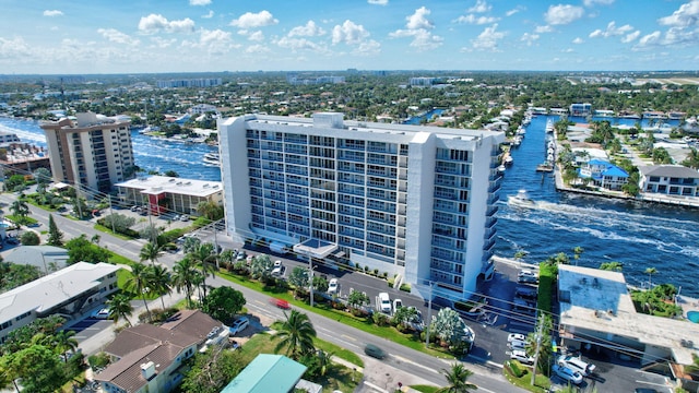 bird's eye view with a water view