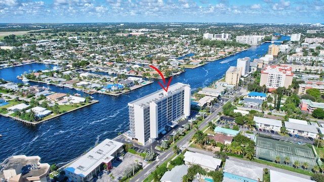 birds eye view of property featuring a water view