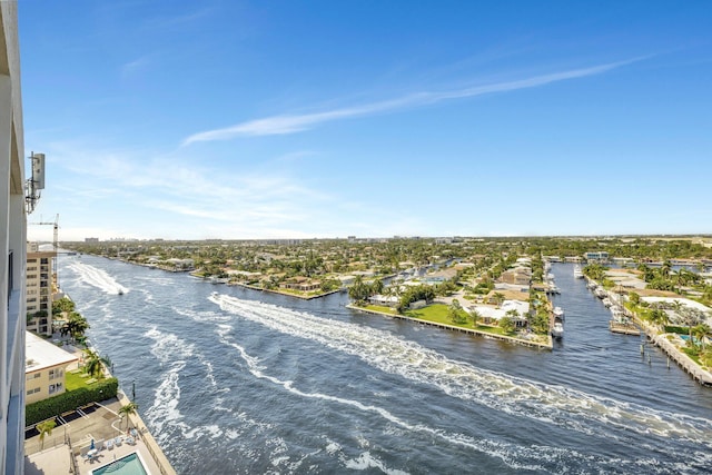 birds eye view of property featuring a water view