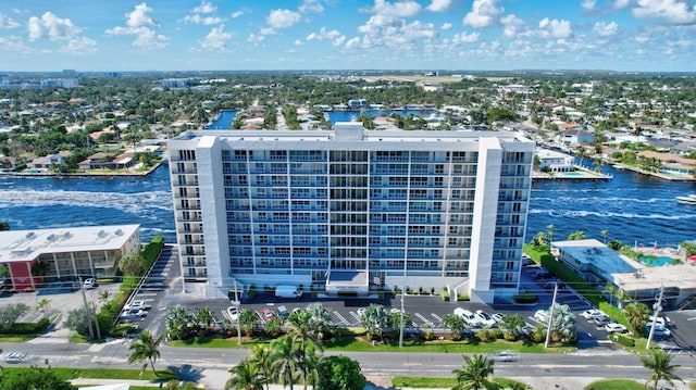 bird's eye view with a water view