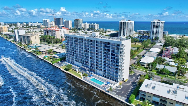 bird's eye view with a water view