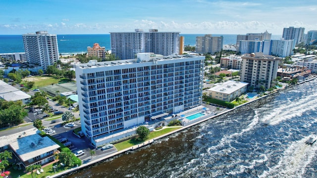 bird's eye view with a water view