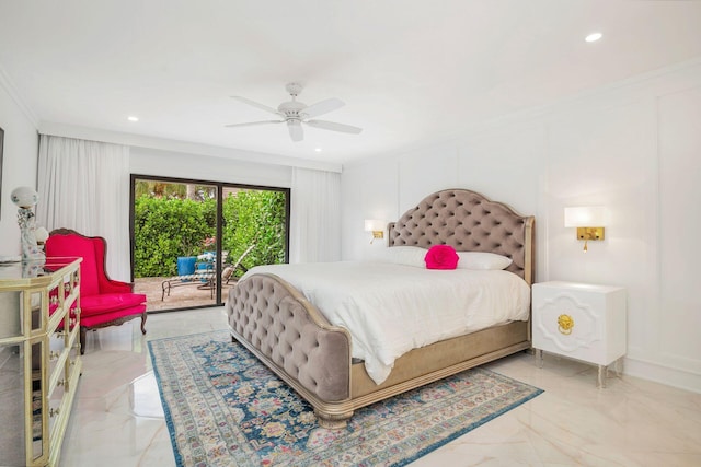 bedroom featuring access to exterior, ceiling fan, and crown molding