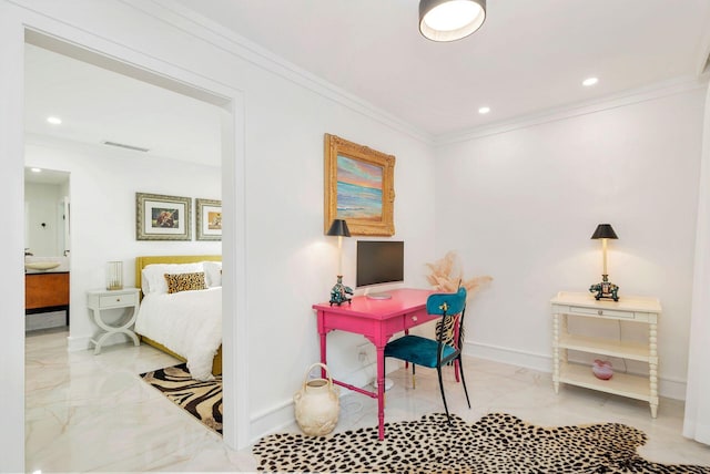 home office with crown molding