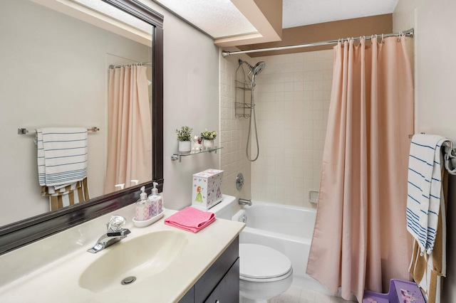 full bathroom with shower / bathtub combination with curtain, tile patterned flooring, vanity, and toilet