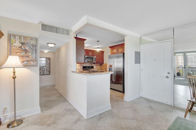 kitchen with stainless steel appliances, light tile patterned flooring, light stone countertops, backsplash, and decorative light fixtures