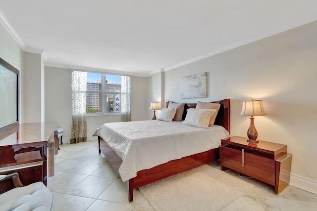 bedroom featuring light tile patterned flooring and crown molding