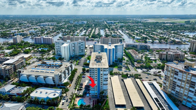 bird's eye view with a water view