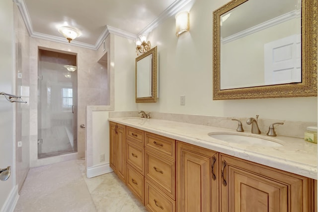 bathroom with a shower with door, vanity, and crown molding