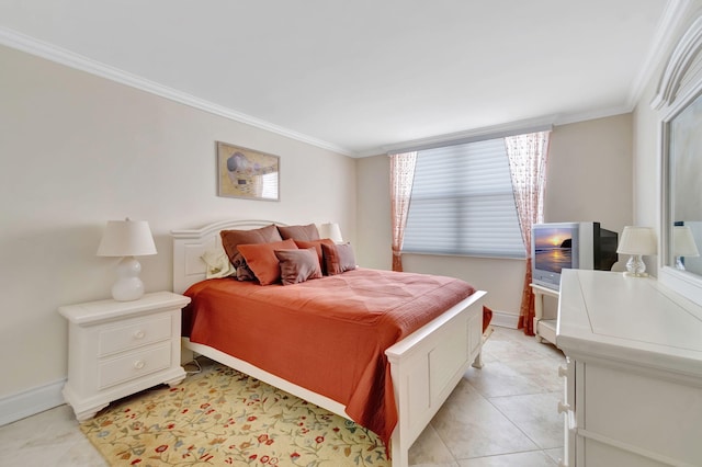 bedroom with light tile patterned floors and ornamental molding